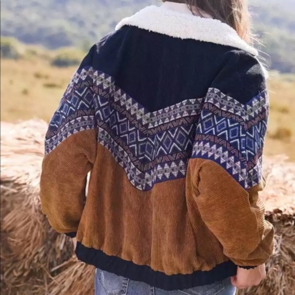 Camel Corduroy shearling line tribal Button Jacket - Picture 6 of 8